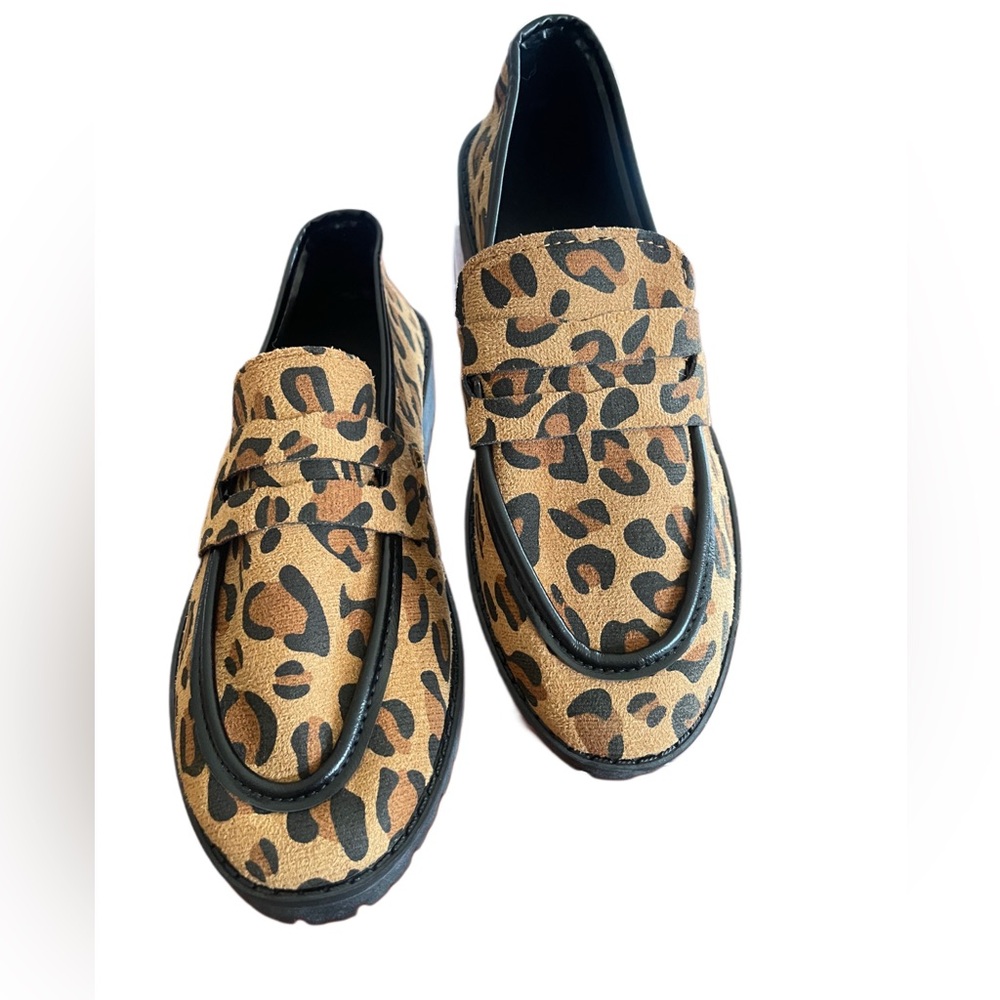 Leopard Print Chunky Lug Sole Loafers Slip On Penny Loafer Flats Casual Trendy 7 - Picture 1 of 6